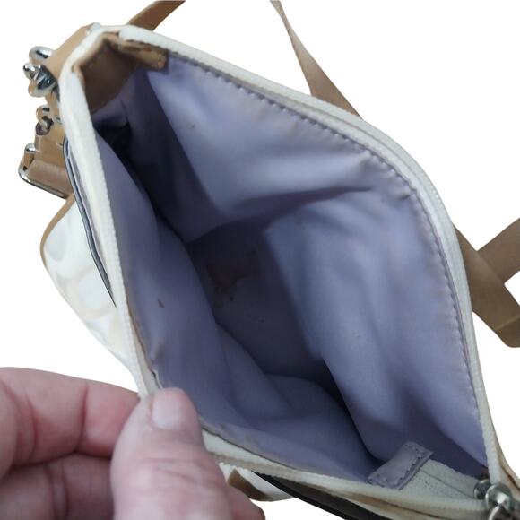 COACH! CREAM & TAUPE BROWN/TAN LOGO FABRIC CROSSBODY, MINI ZIPPER PURSE! - Picture 12 of 13